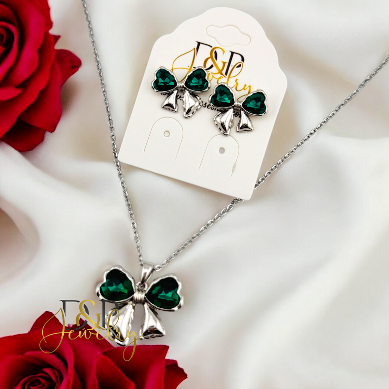 14K WOMAN SILVER GREEN BOW FASHION NECKLACE SET N249