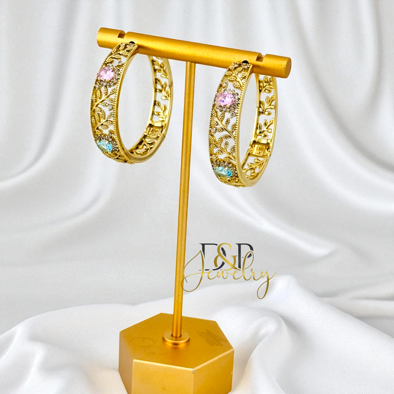 14K GOLD/LONG SIZE/BLUE/PINK STONE DESIGN HOOP EARRING HP807