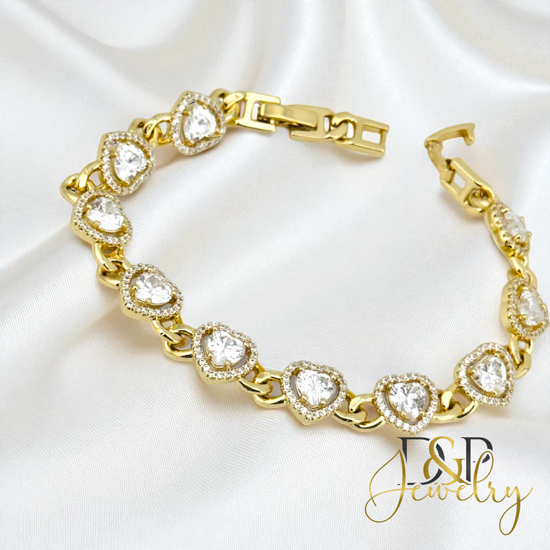 14K GOLD HEARTS/WHITE STONES BRACELET BR785