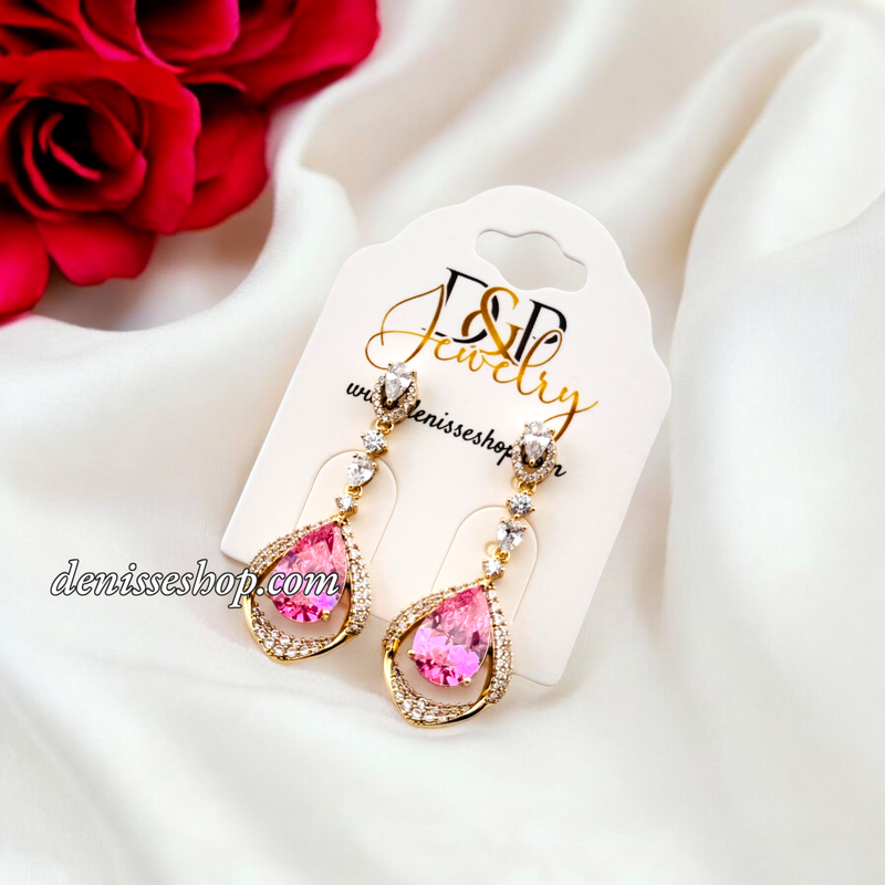 14K LUXURY PINK STONE LONG EARRING E816