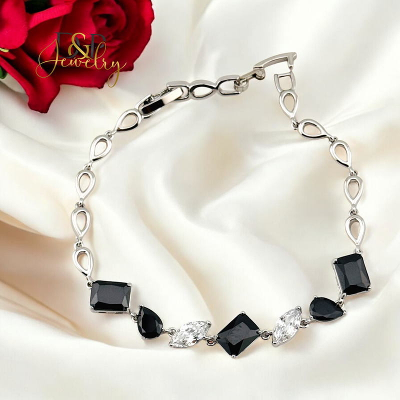 SILVER BLACK/WHITE DESIGN STONE BRACELET BR737