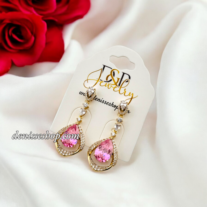 14K LUXURY PINK STONE LONG EARRING E816