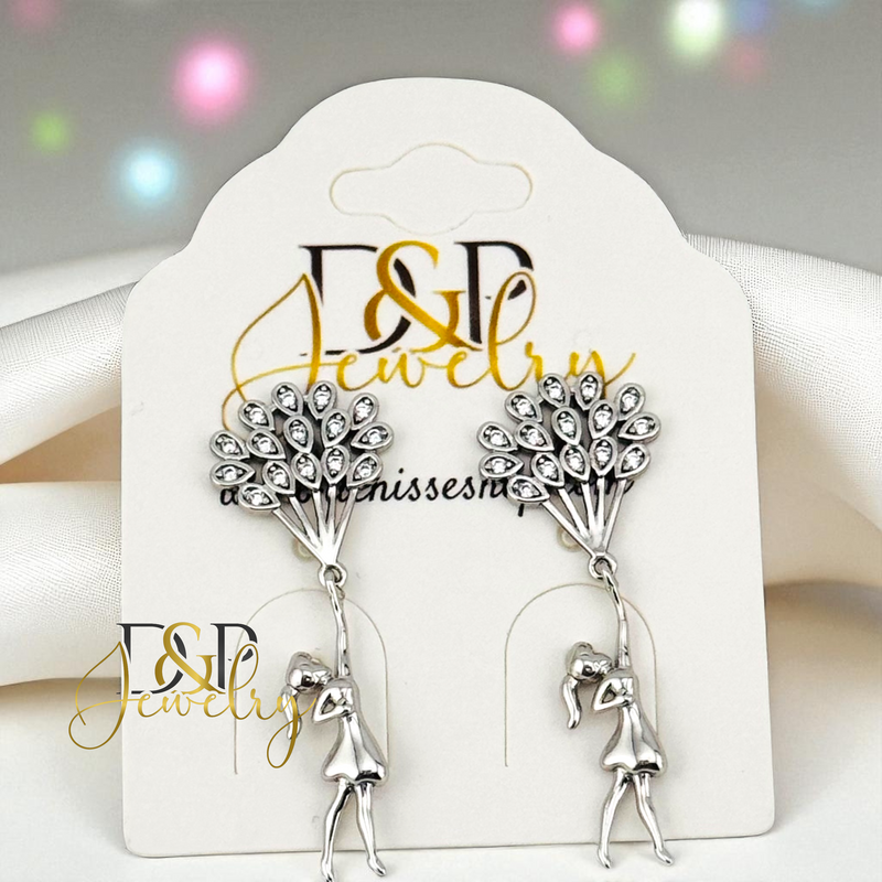 14K SILVER GIRL WITH BALLOONS DROP STUD EARRINGS E953