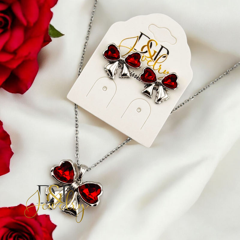14K WOMAN SILVER RED BOW FASHION NECKLACE N253
