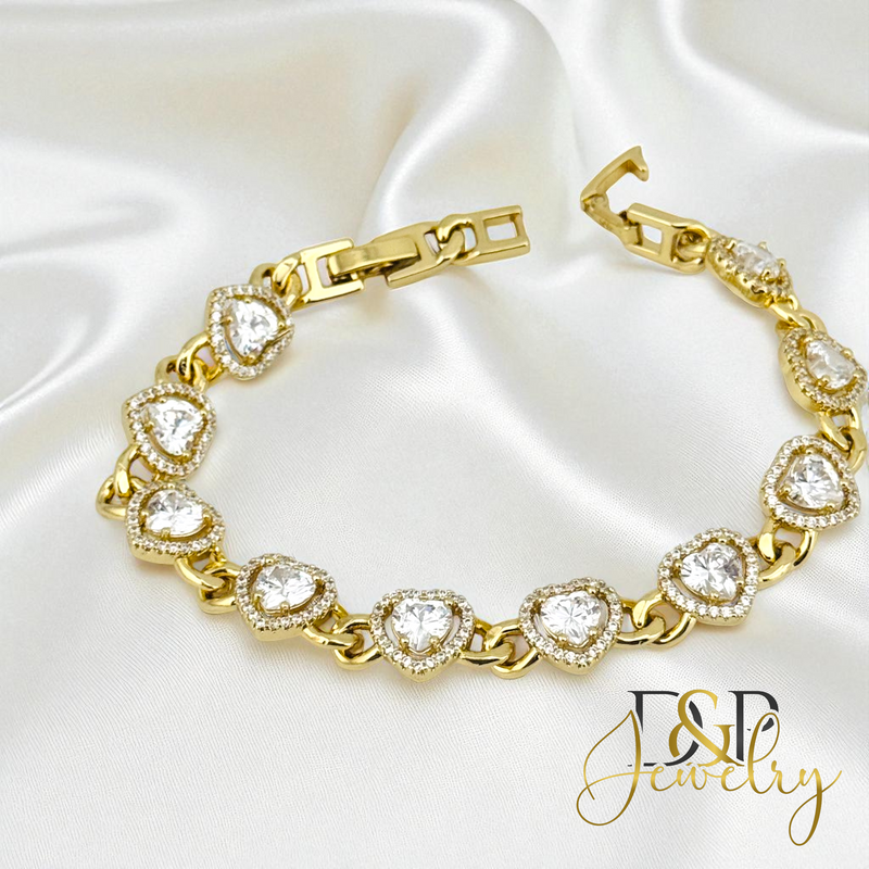 14K GOLD HEARTS/WHITE STONES BRACELET BR785