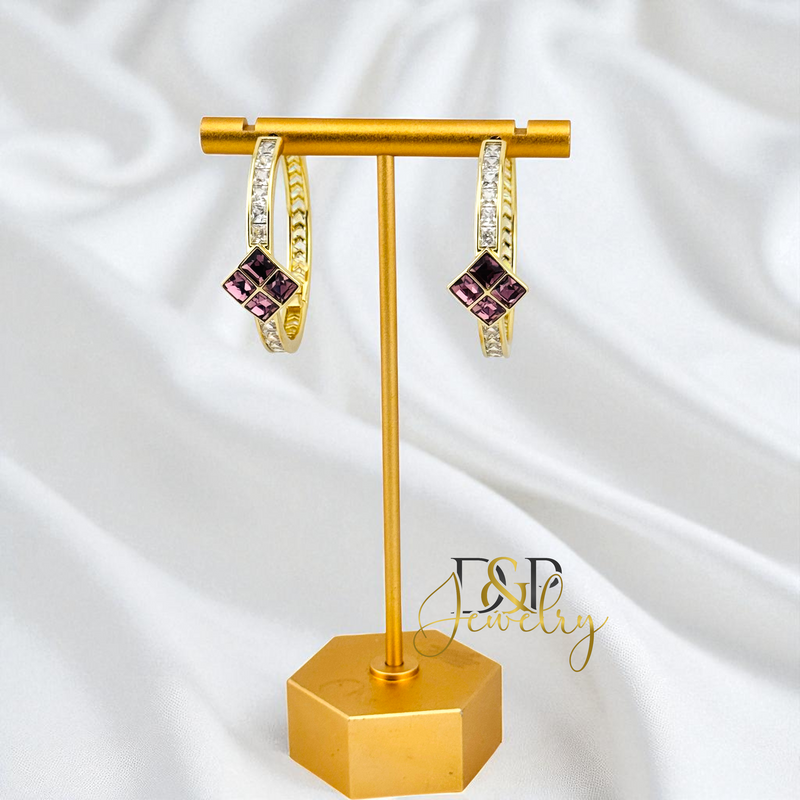 14K GOLD/LONG SIZE PURPLE STONE DESIGN HOOP EARRING HP804
