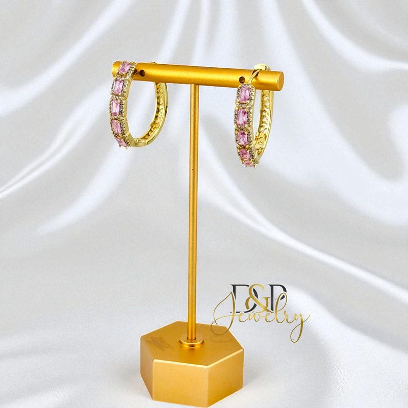 14K GOLD /PINK STONES HOOP EARRING HP832