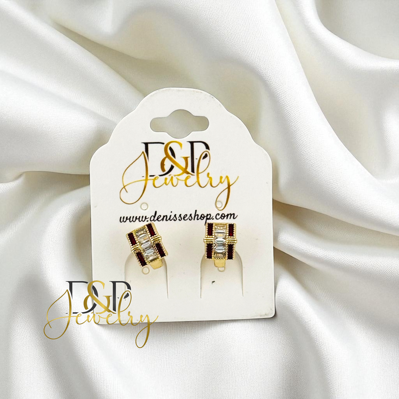 14K GOLD /WHITE /RED STONE FASHION HOOP EARRING HP742