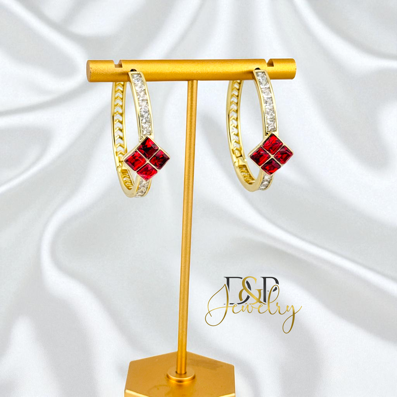 14K GOLD/LONG SIZE RED STONE DESIGN HOOP EARRING HP805