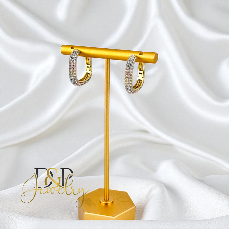 14K GOLD /WHITE STONE SQUARE HOOP EARRING HP745