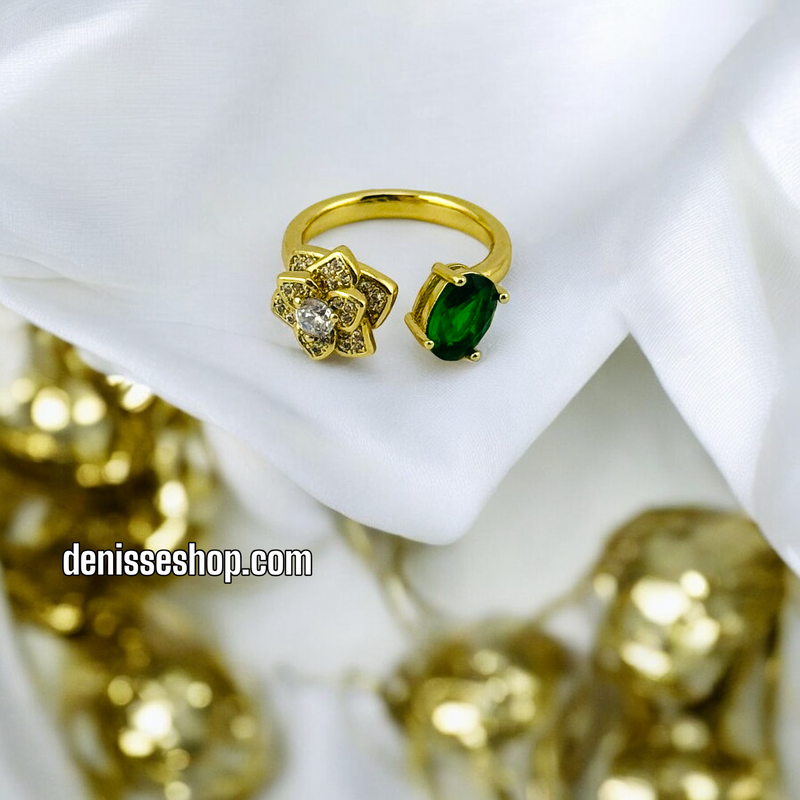 14K ADJUSTABLE FLOWER GREEN STONE RING RG214