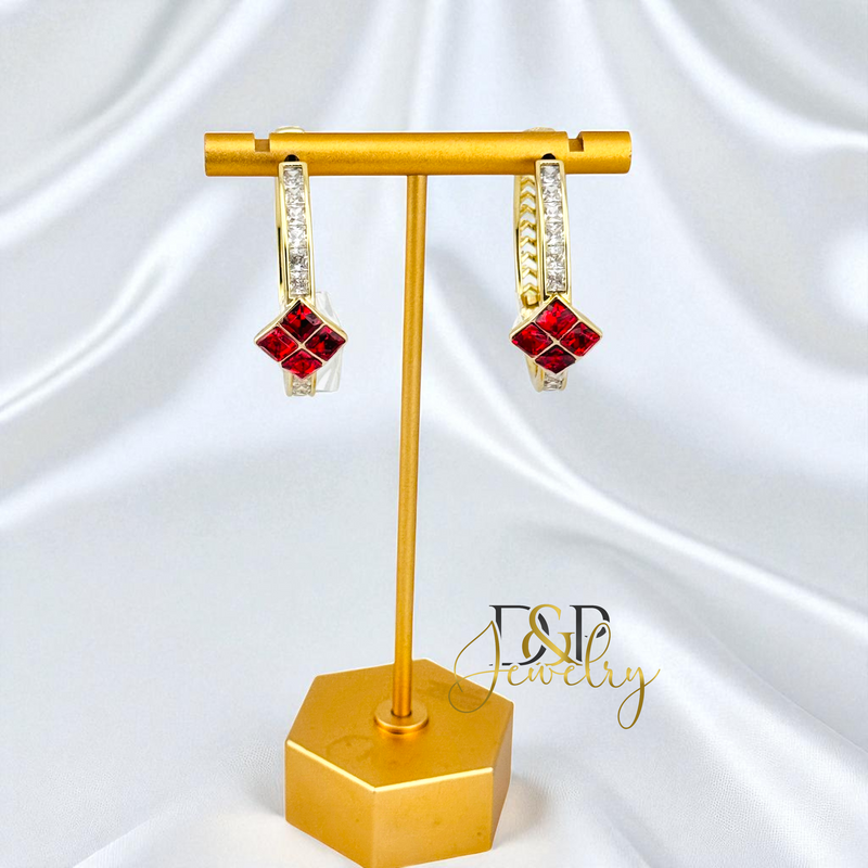 14K GOLD/LONG SIZE RED STONE DESIGN HOOP EARRING HP805