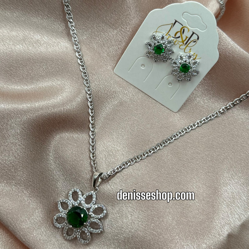 SILVER GREEN FLOWER NECKLACE SET C1176