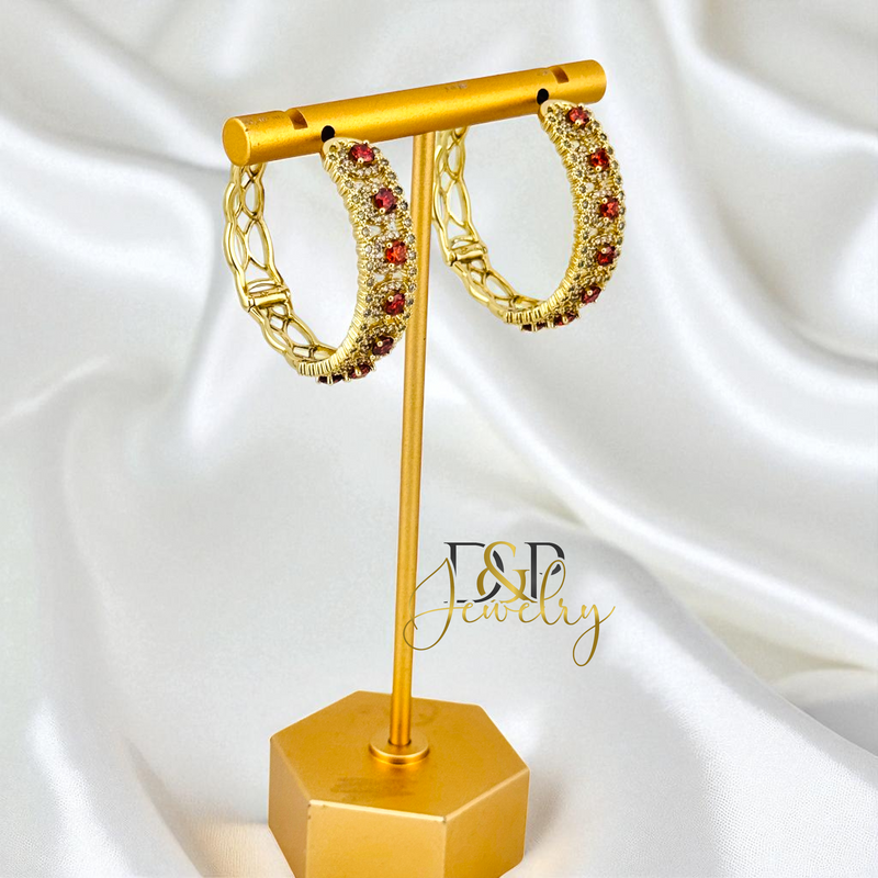 14K GOLD /MARRON STONES HOOP EARRING HP831