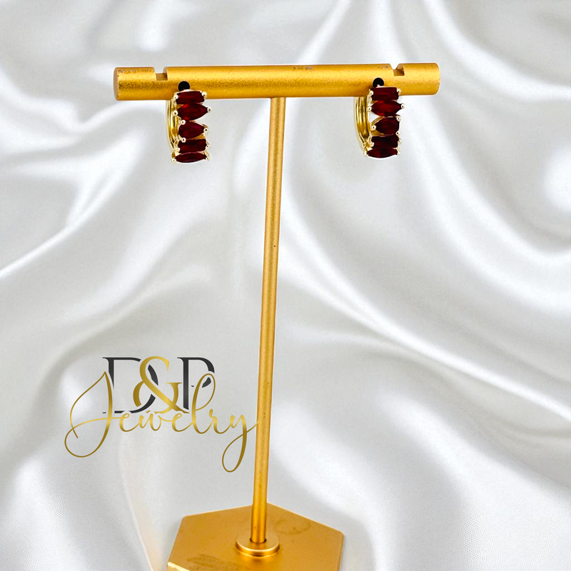 14K GOLD /RED STONES HOOP EARRING HP810