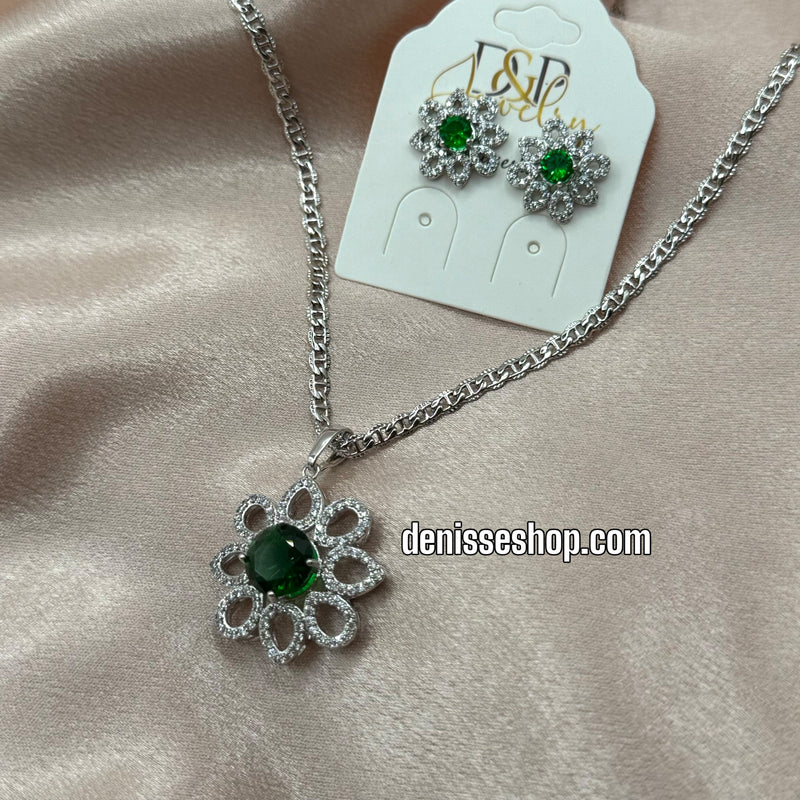 SILVER GREEN FLOWER NECKLACE SET C1176