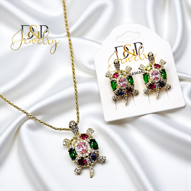14K MULTICOLOR TURTLE NECKLACE SET N283