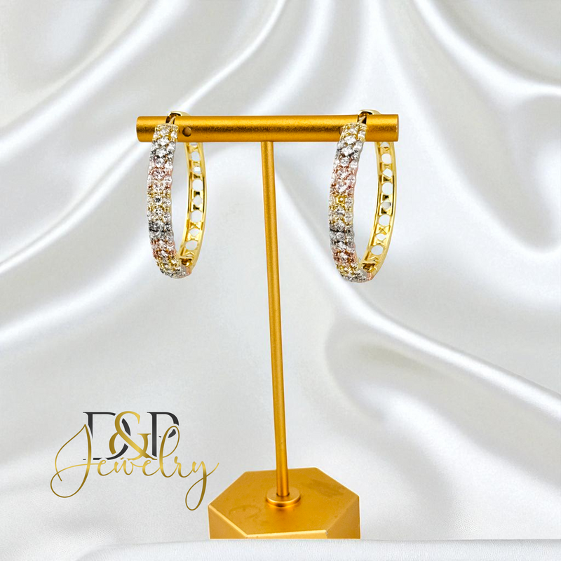 14K TRICOLOR WHITE STONE LONG  HOOP EARRING HP751