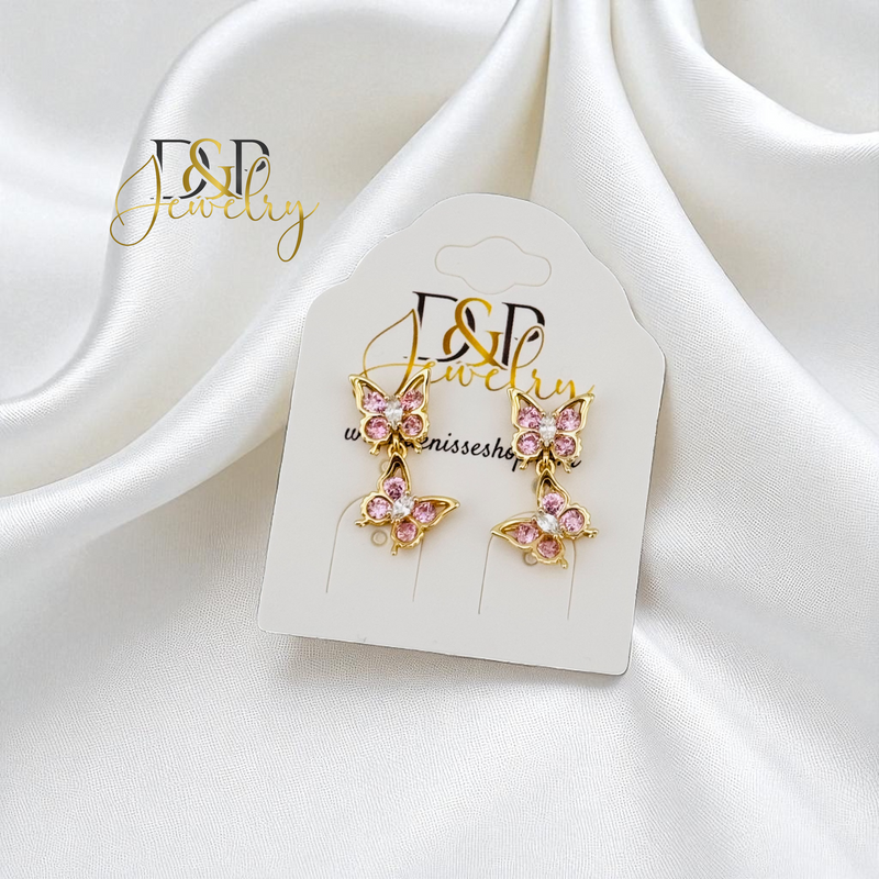 14K GOLD/ PINK DOUBLE BUTTERFLY STUD EARRING E992