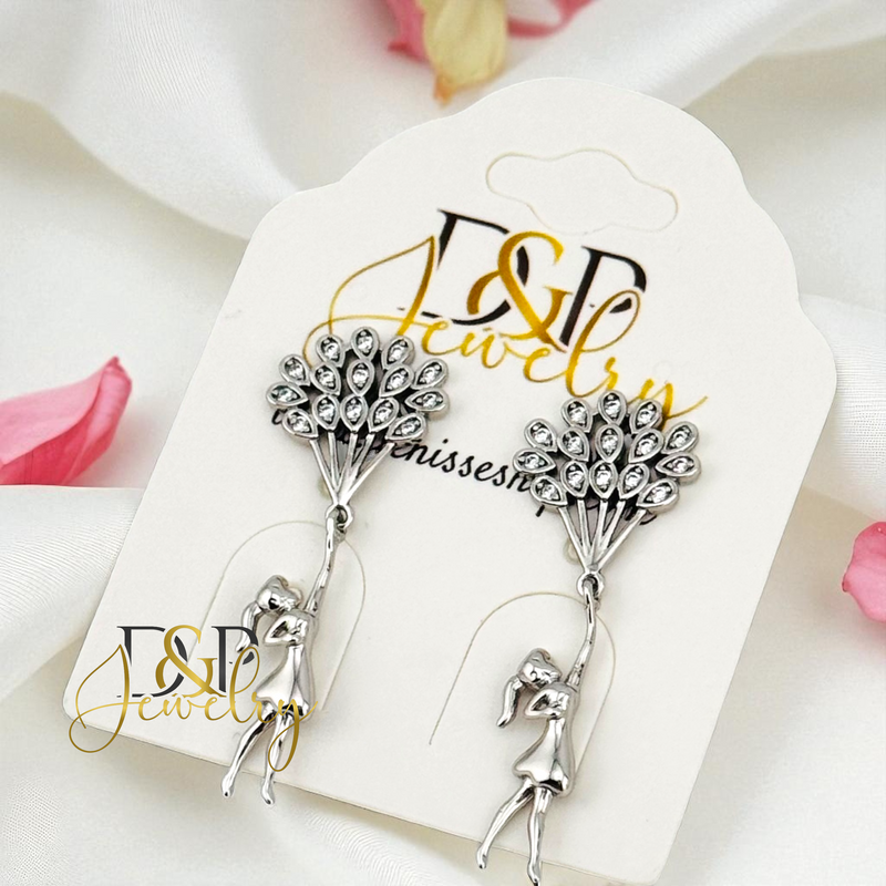14K SILVER GIRL WITH BALLOONS DROP STUD EARRINGS E953