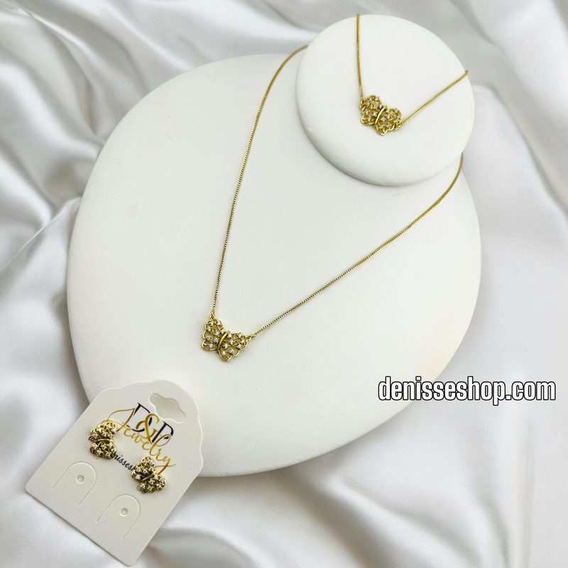 14K BUTTERFLY WHITE STONE NECKLACE SET 18&