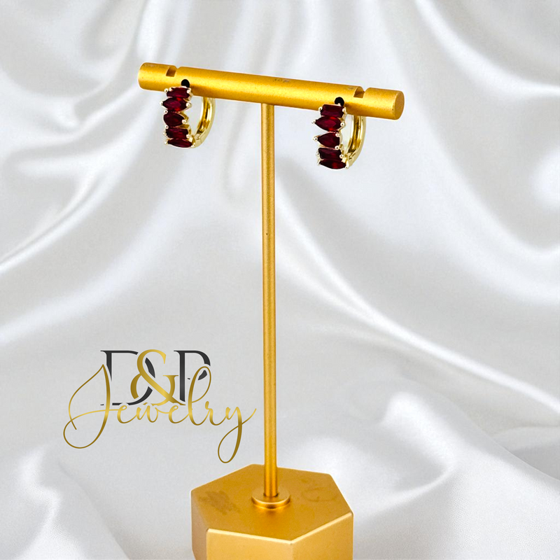 14K GOLD /RED STONES HOOP EARRING HP810