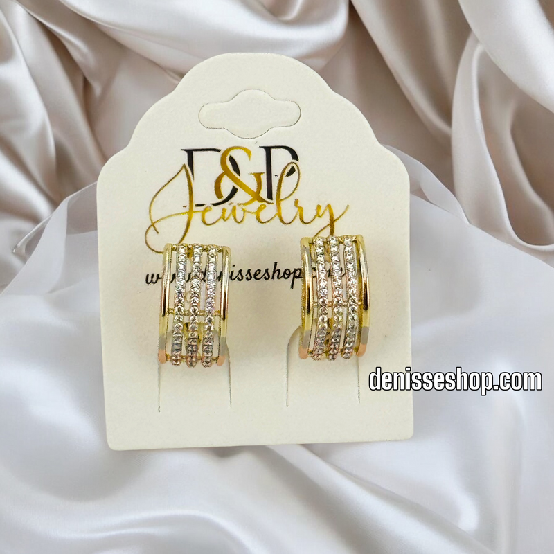 14K TRICOLOR WHITE STONES EARRING E726