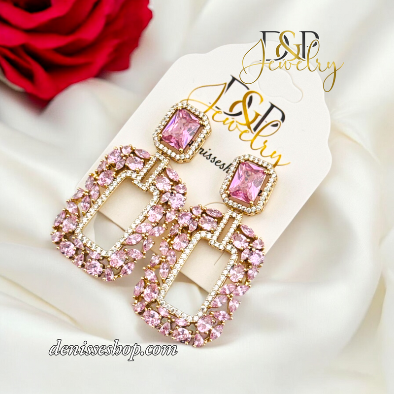 14K LUXURY PINK STONE LONG EARRING E817