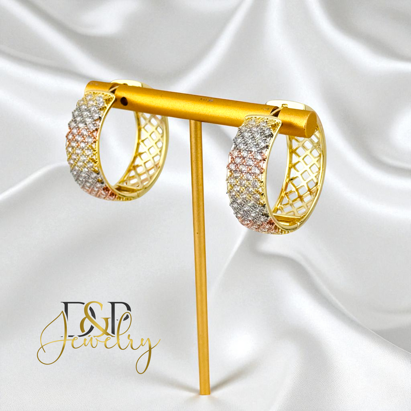 14K GOLD/WHITE STONE FASHION MEDIUM  HOOP EARRING HP749