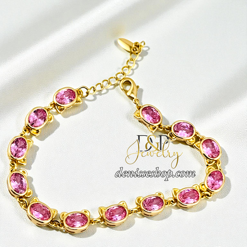 14KGOLD/PINK STONE CAT SHAPE BRACELET BR869