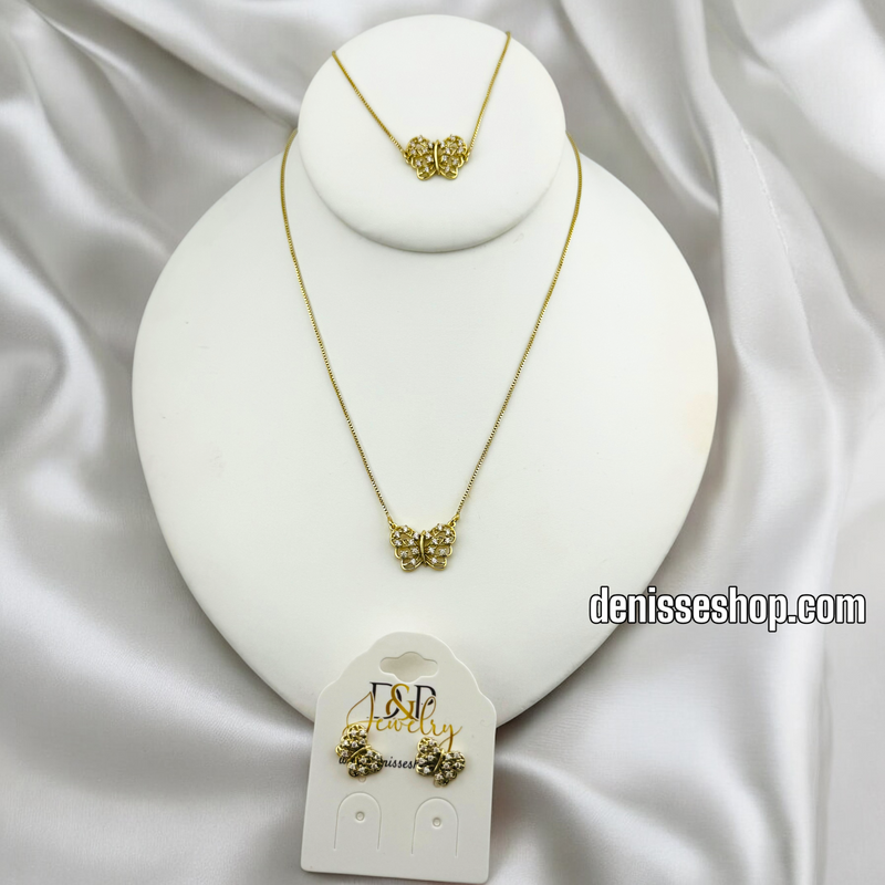 14K BUTTERFLY WHITE STONE NECKLACE SET 18&