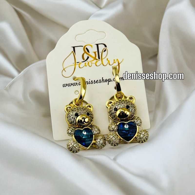 14K GOLD / BLUE STONE BEAR  EARRING E685