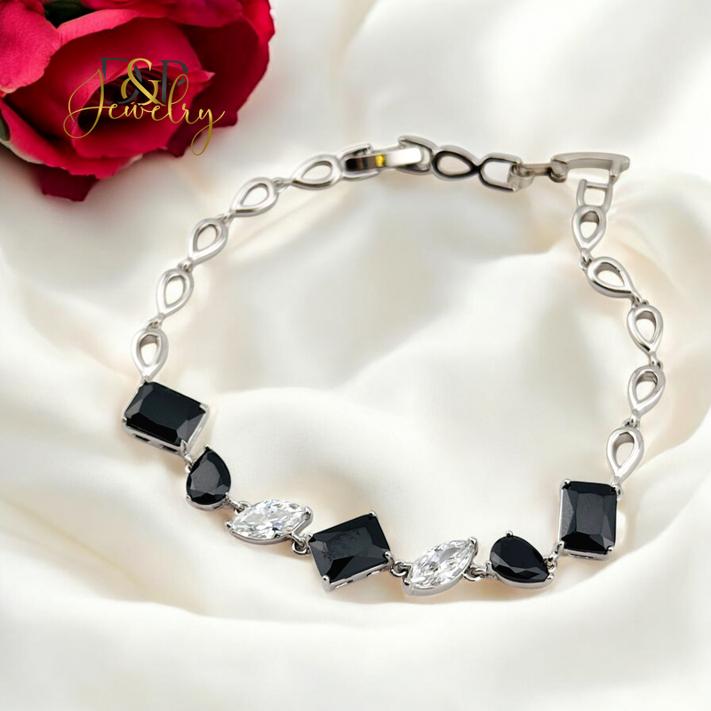 SILVER BLACK/WHITE DESIGN STONE BRACELET BR737
