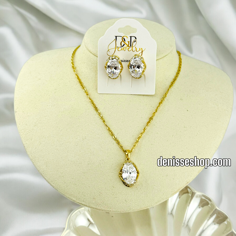 14K GOLD /  WHITE STONE NECKLACE AND EARRING SET N44