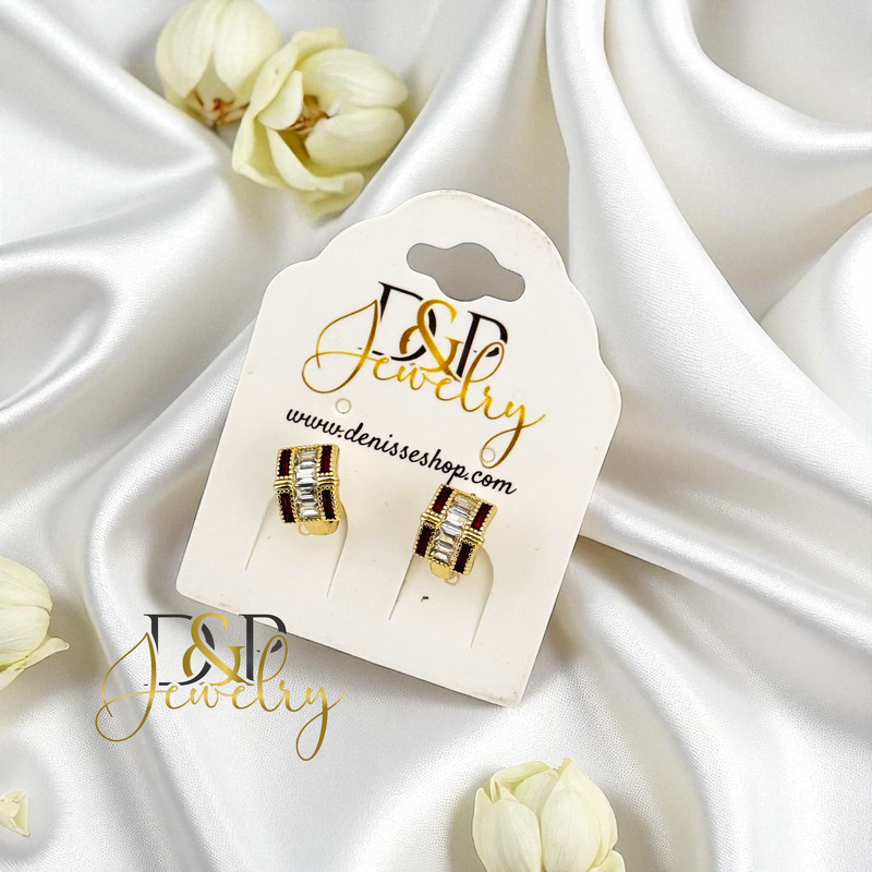 14K GOLD /WHITE /RED STONE FASHION HOOP EARRING HP742