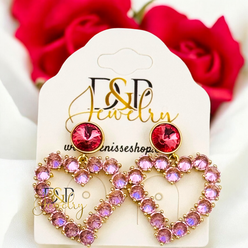 14K PINK STONES HEART EARRING E880