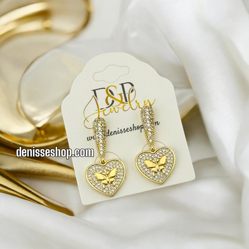 14K WHITE STONE HEART WITH BUTTERFLY EARRING E644