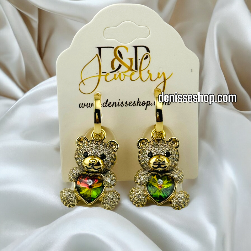 14K GOLD / MULTICOLOR STONE BEAR  EARRING E683