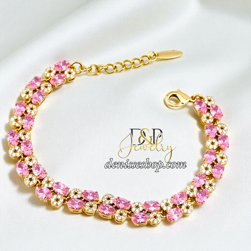 14KGOLD/PINK/WHITE STONE SQUARE SHAPE BRACELET BR870