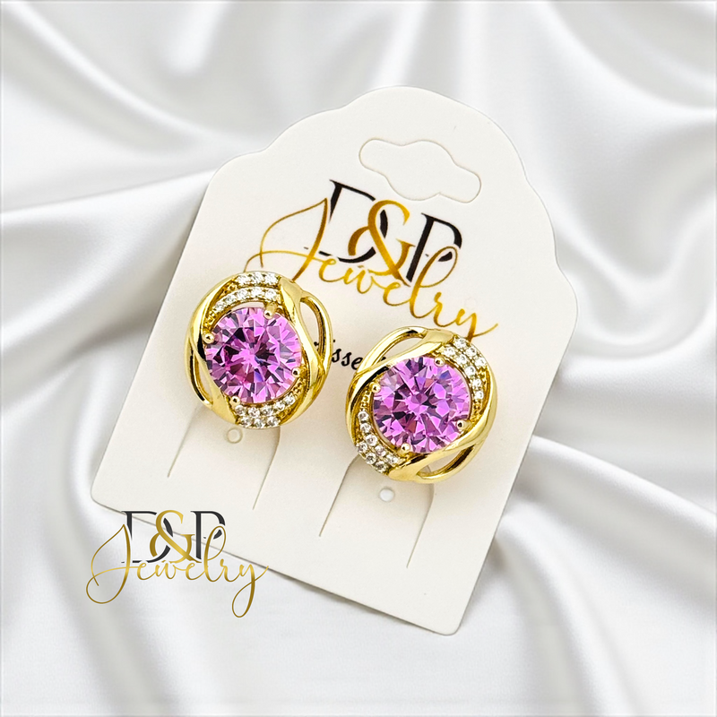 14K GOLD/PINK STONE FANCY HUGGIE EARRING E996