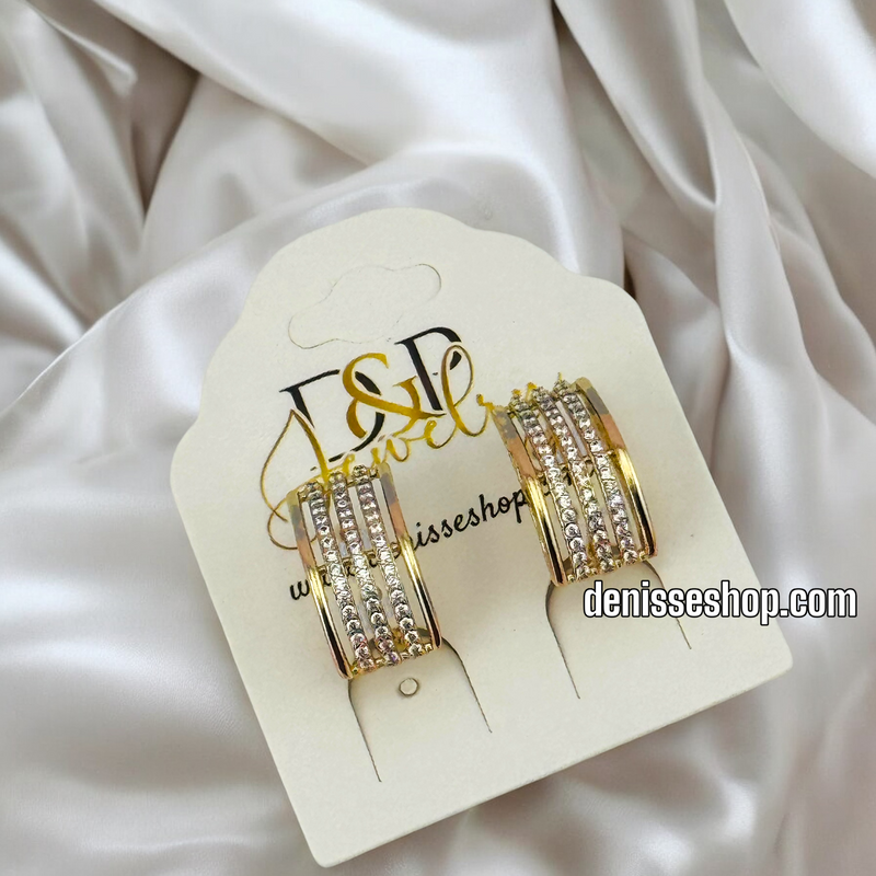 14K TRICOLOR WHITE STONES EARRING E726