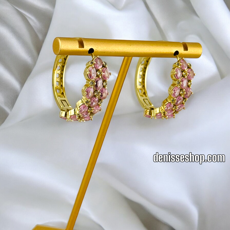 14K GOLD /PINK STONE  HOOP EARRING HP504