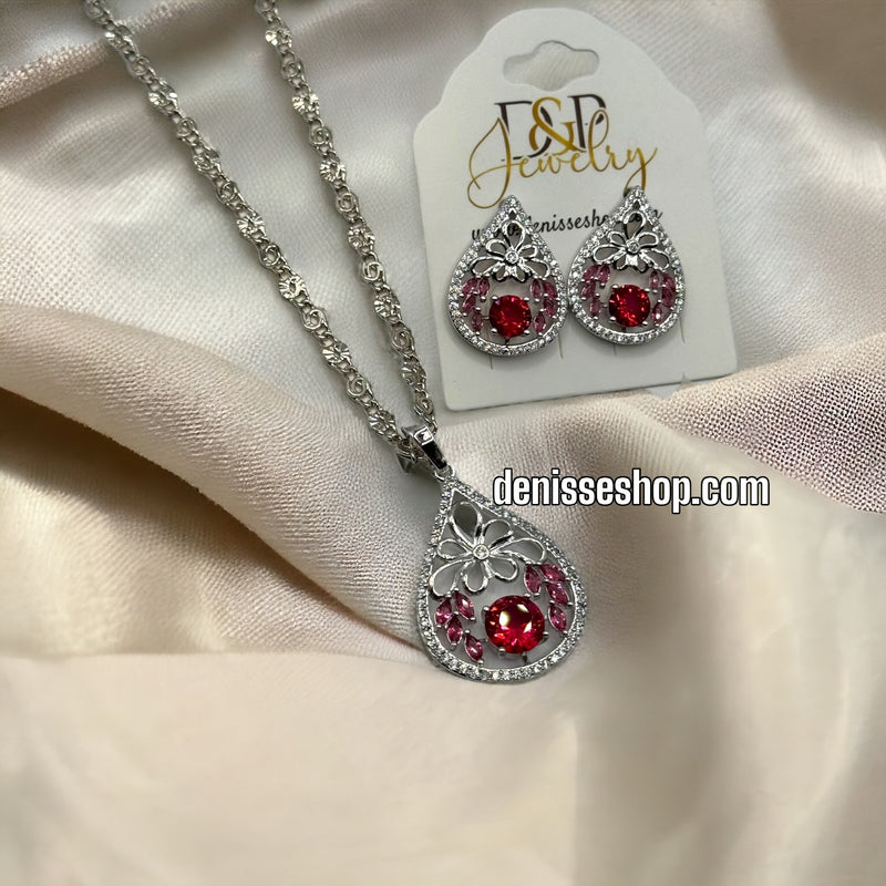 FASHION SILVER RED STONE NECKLACE SET C1141