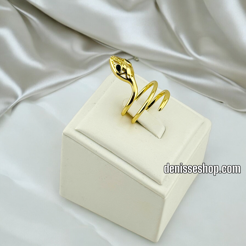 14K GOLD/ BLACK EYES SNAKE HEAD  RING (ADJUSTABLE) RG260