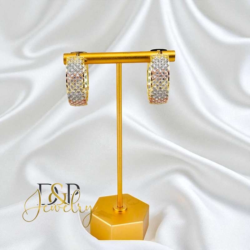 14K GOLD/WHITE STONE FASHION MEDIUM  HOOP EARRING HP749