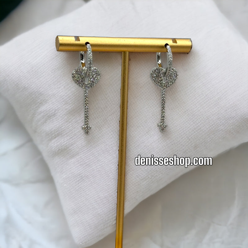 WHITE STONE SILVER KEY EARRING E269