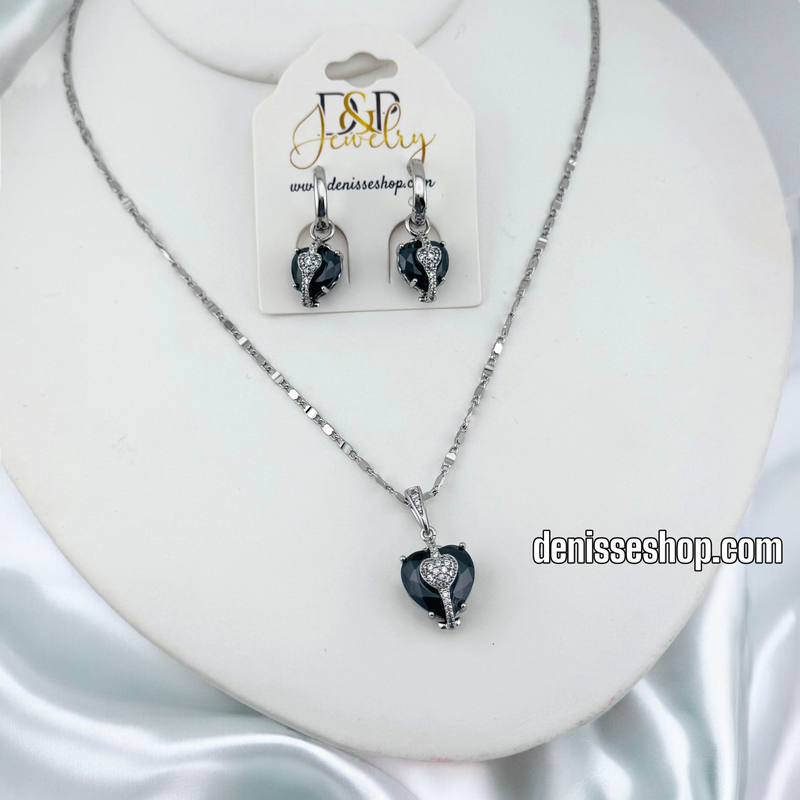 FASHION SILVER BLACK HEART NECKLACE SET N228