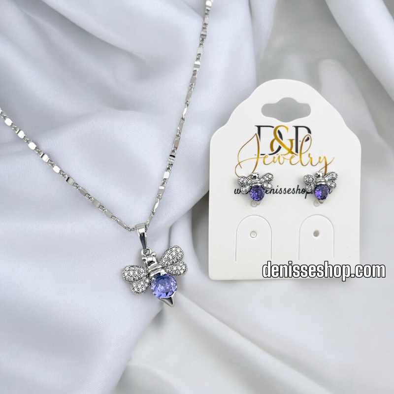 WOMEN/GIRL FASHION SILVER PURPLE BEE NECKLACE SET N229