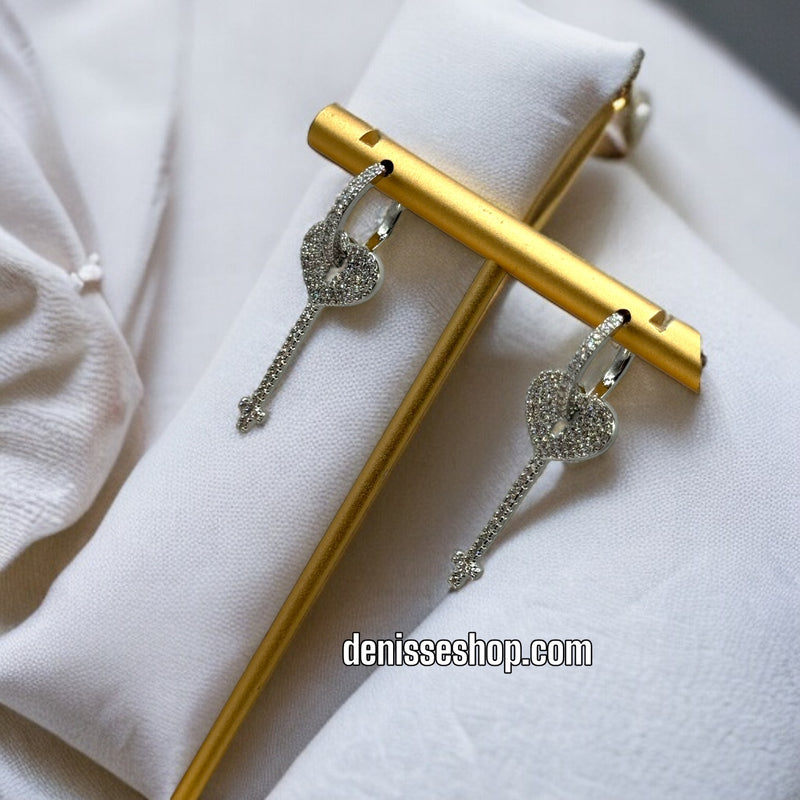 WHITE STONE SILVER KEY EARRING E269