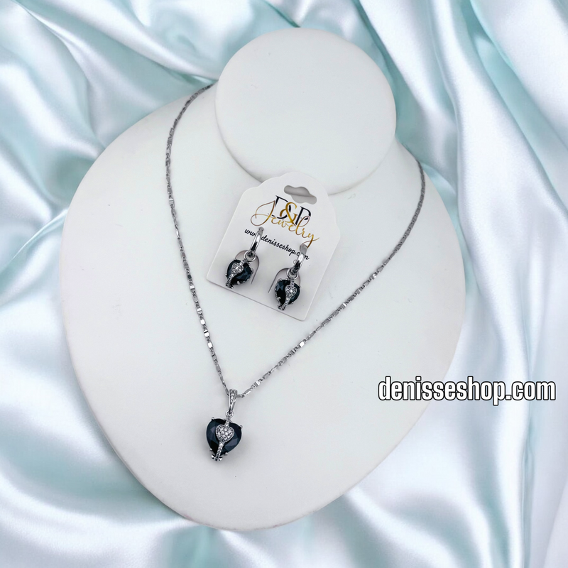 FASHION SILVER BLACK HEART NECKLACE SET N228